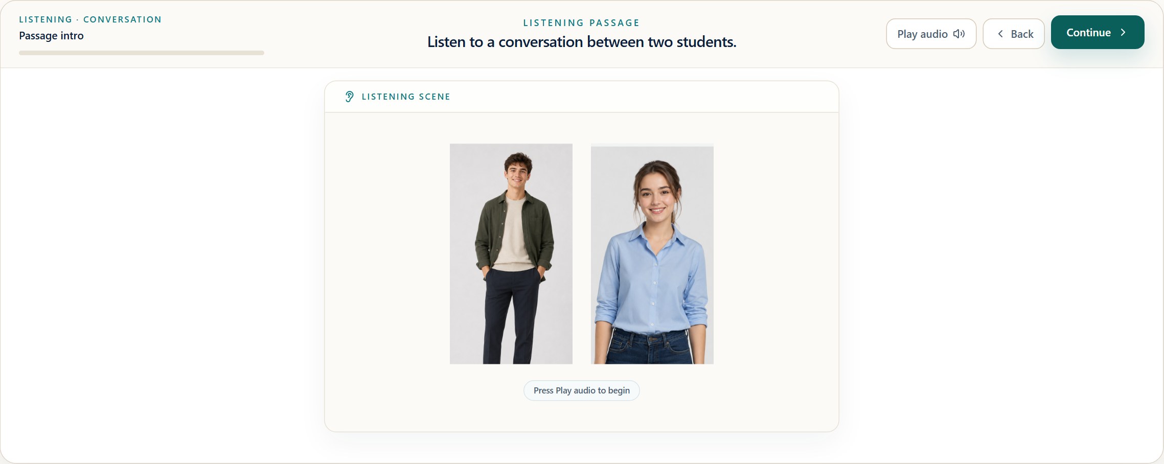 TOEFL Lab Listen to a Conversation practice workspace.