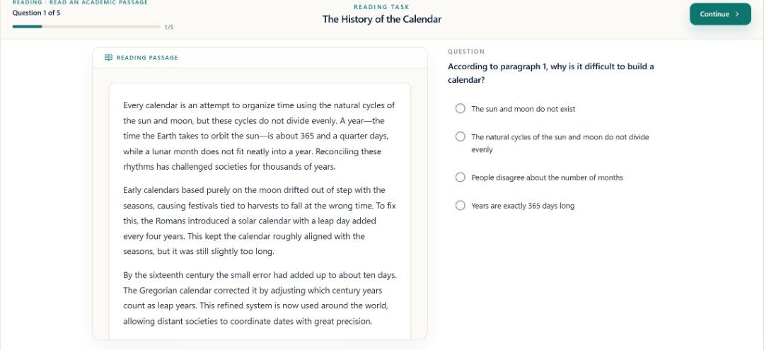 TOEFL Lab Academic Reading workspace with a passage and answer choices.