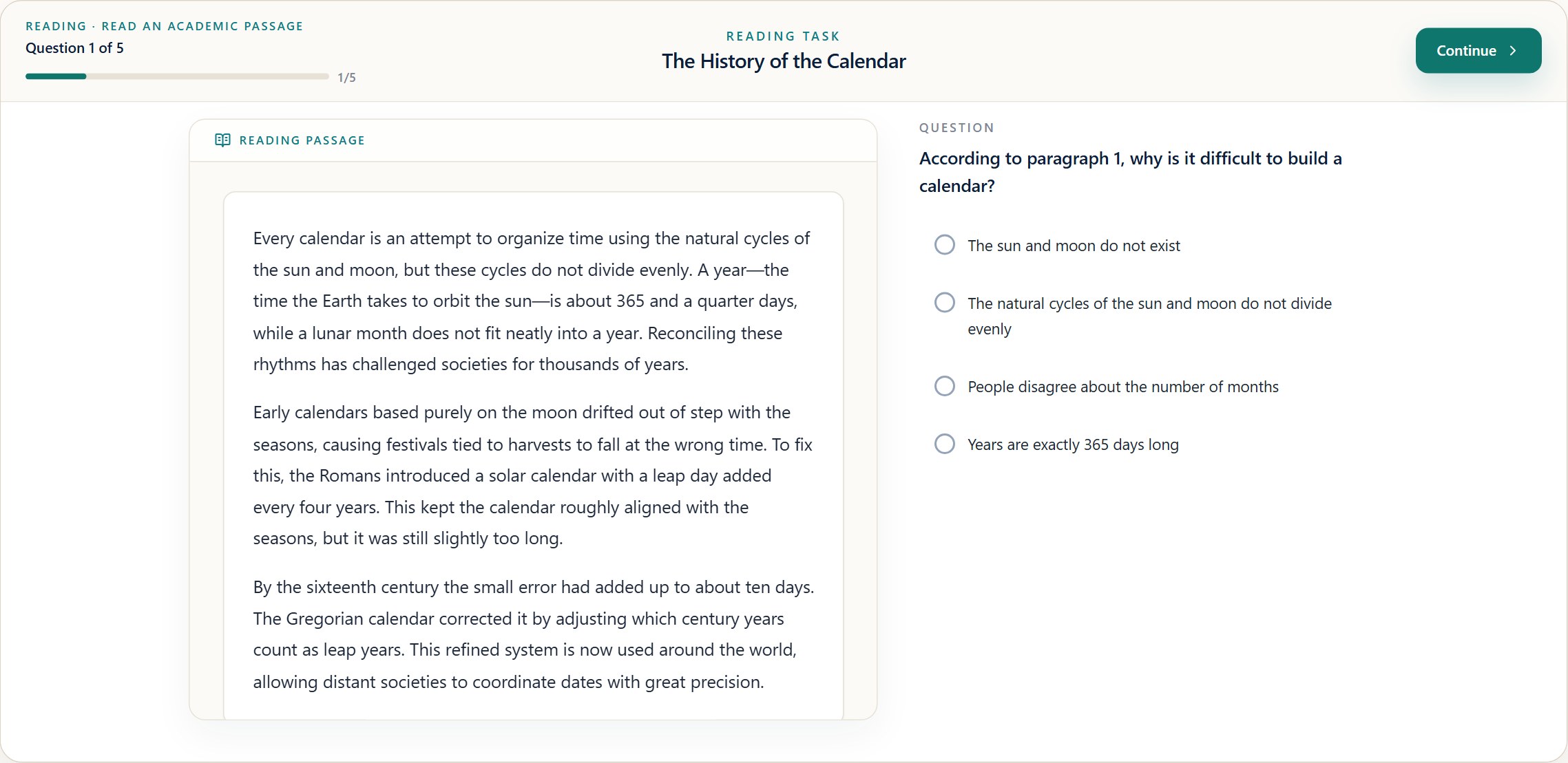 TOEFL Lab Academic Reading workspace with a passage and answer choices.