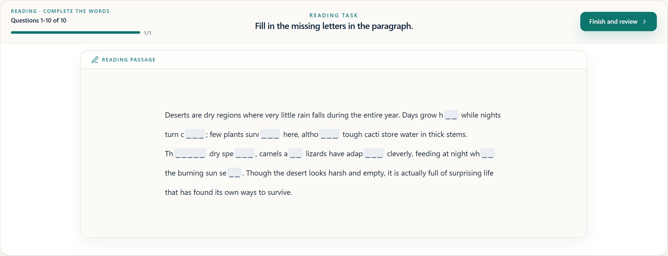 TOEFL Lab Complete the Words workspace with a reading passage and missing-letter blanks.