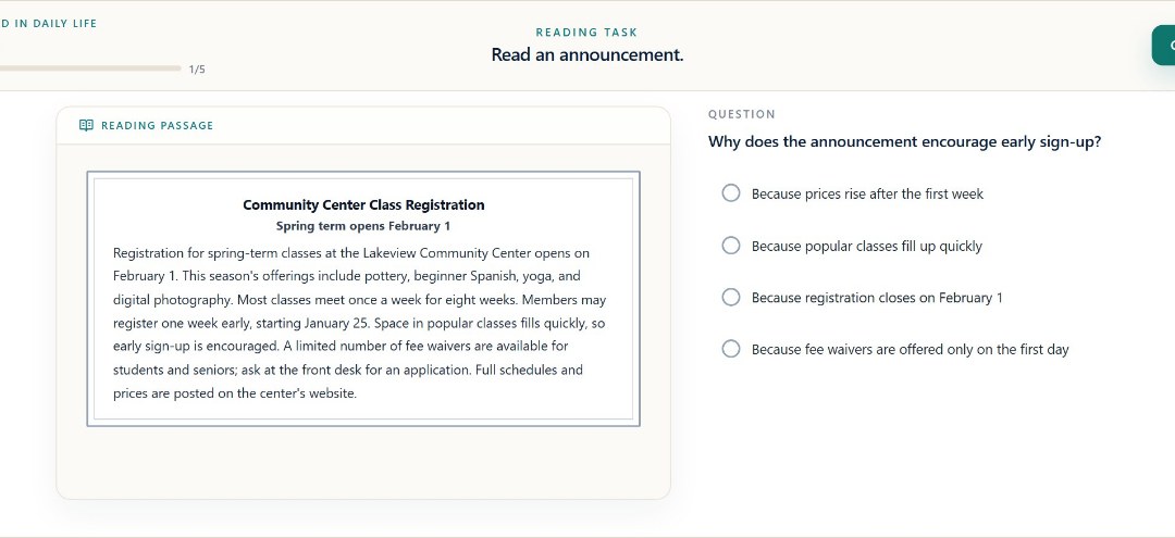 TOEFL Lab Read in Daily Life workspace with an announcement and answer choices.