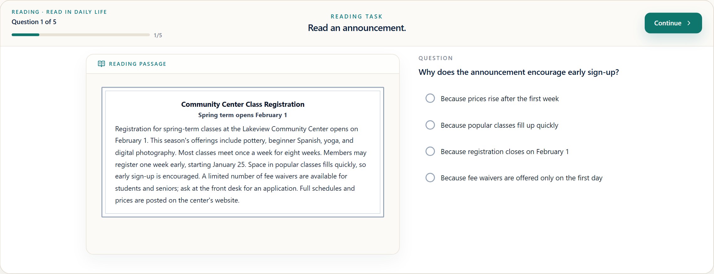 TOEFL Lab Read in Daily Life workspace with an announcement and answer choices.