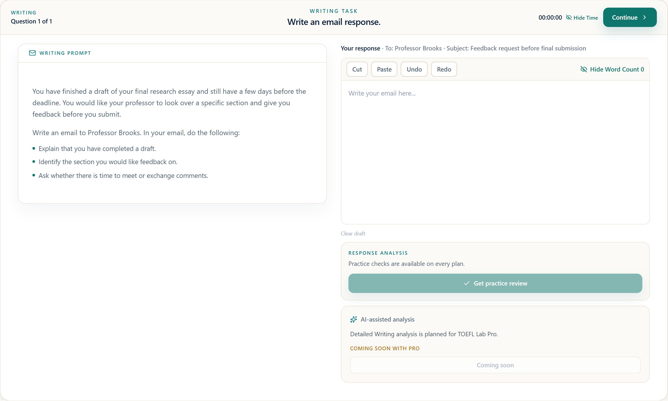 TOEFL Lab Write an Email practice workspace.